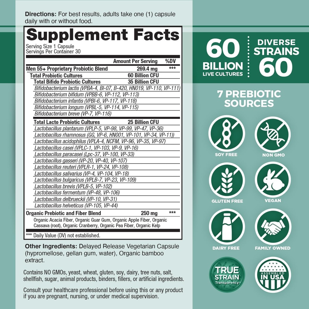 Vital Planet - Vital Flora Men 55+ Daily Probiotic, 60 Billion CFU, 60 Diverse Strains, 7 Organic Prebiotics, Immune Support, Gas Relief, Colon and Digestive Health Probiotics for Men 30 Capsules 3