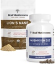 Real Mushrooms Vitamin D2, Chelated Zinc, Chaga, Reishi (120ct) and Organic Lion's Mane Powder (60 Servings) Bundle - Immunity and Cognitive Support, Improved Absorption - Vegan, Gluten Free, Non-GMO 2