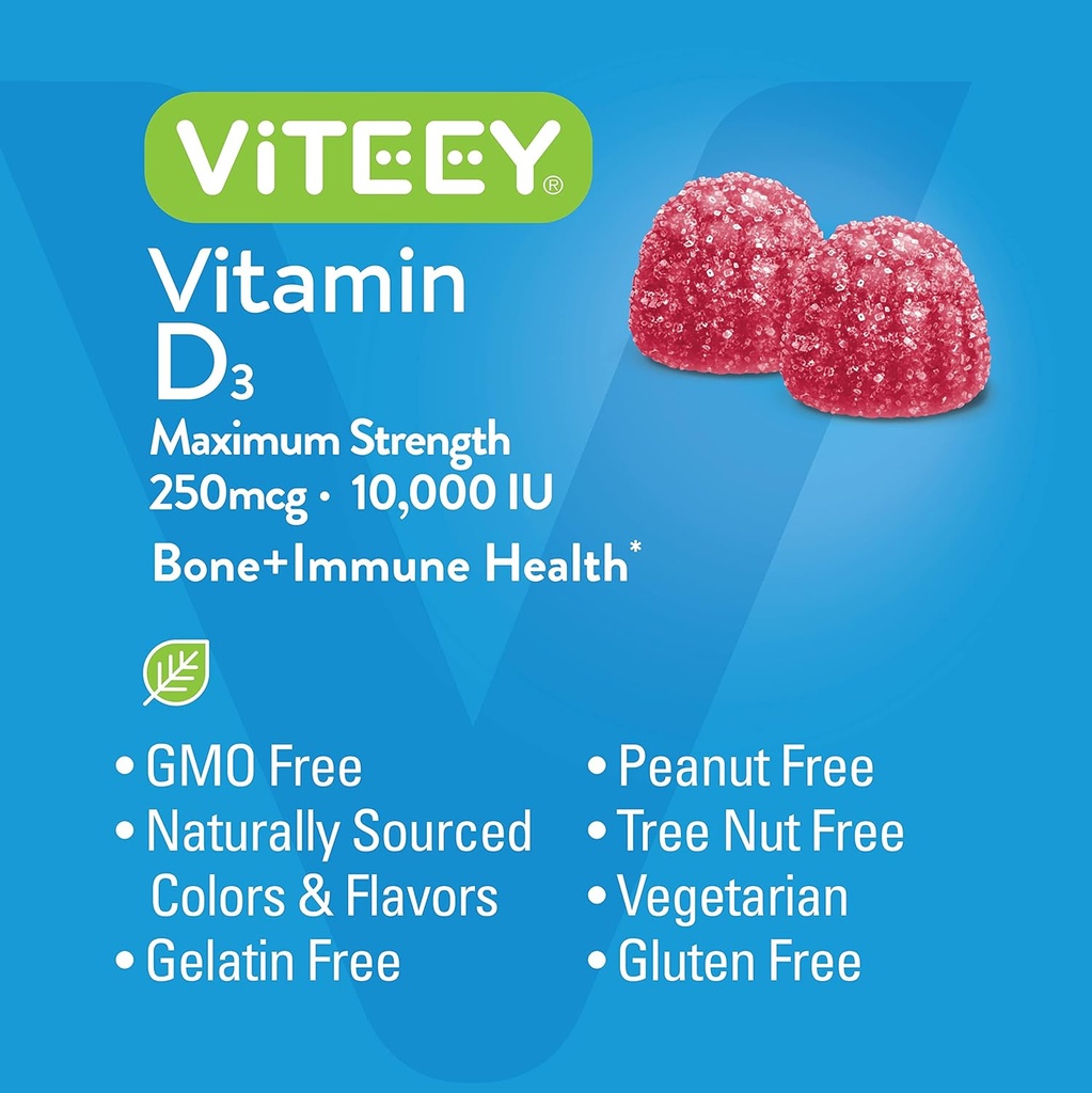 Viteey Vitamin D3 Gummies for Adults & Teens - 10,000 IU, 250mcg, Maximum Strength - Joint & Muscle Health, Immune Boost - Chewable Vitamin D Gummies - Vegetarian, Gelatin Free - Tasty Berry Flavored 6