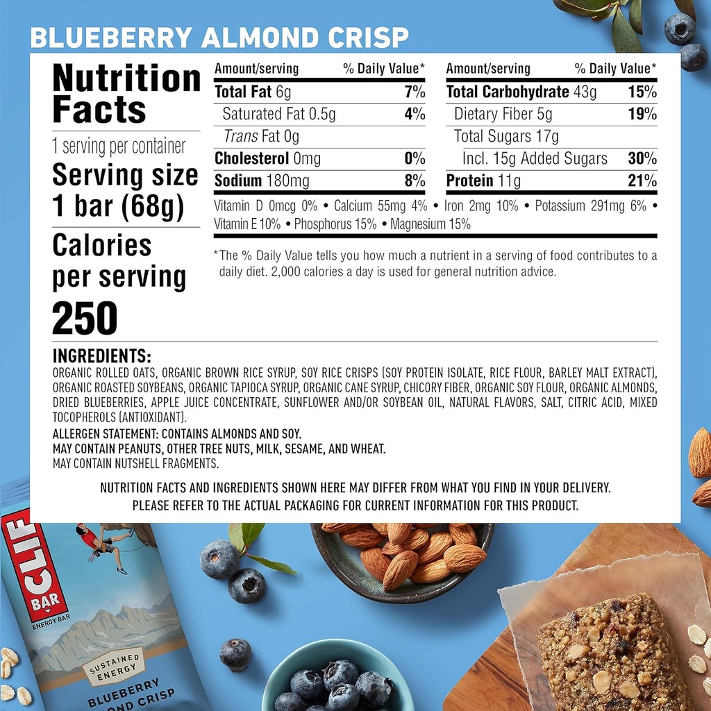 CLIF BAR - Blueberry Almond Crisp - Made with Organic Oats - Non-GMO - Plant Based - Energy Bars - 2.4 oz. (12 Pack) 3
