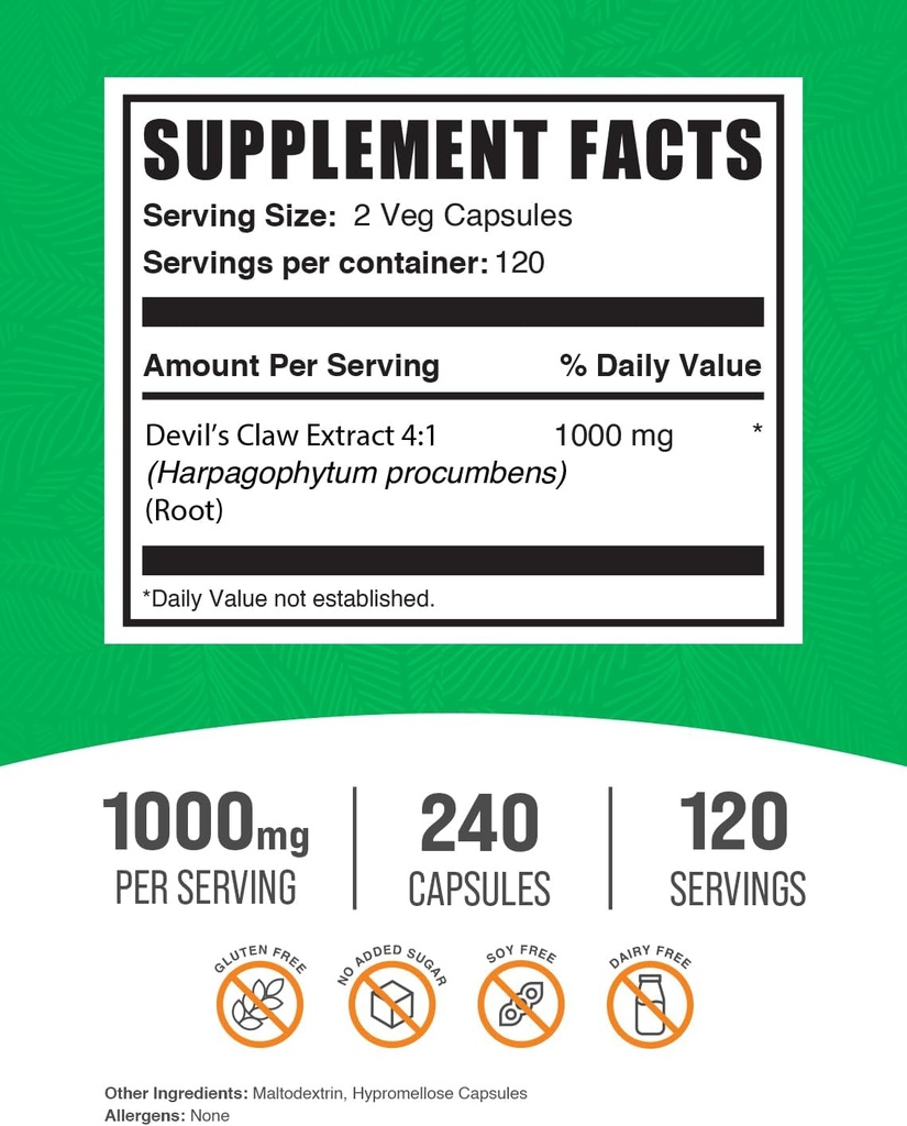 BulkSupplements.com Devil's Claw Extract Capsules - Devils Claw Herbal Supplement, Devil's Claw Capsules - Vegan & Gluten Free, 2 Capsules per Serving, 240 Veg Capsules (Pack of 1) 3