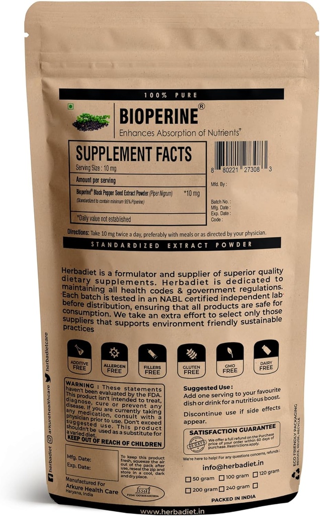 Herbadiet Bioperine Powder | Black Pepper Extract Powder Piperine 95% by HPLC | Bioavailability Enhancer, Boosts Nutrients Uptake | Gluten Free, Non-GMO Bulk Supplement (14 gram/ 0.5 oz) 3