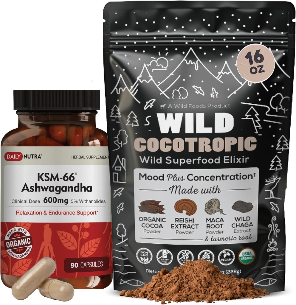 DailyNutra KSM 66 Ashwagandha (90 Capsules) and Mushroom Cacao Mix (16oz) Bundle for Relaxation and Focus 2