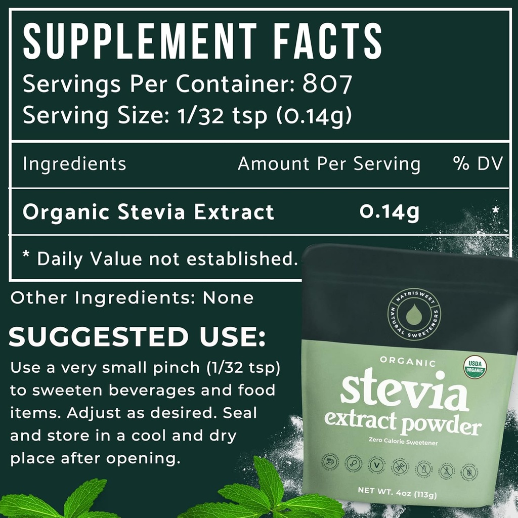 Organic 100% Pure Stevia Powder, 4 oz, Satisfies Sweet Cravings, Lowers Blood Sugar Levels for Diabetics, Bulk Powdered Stevia Extract Sweetener for Better Baking & Beverages, 800+ Servings by NatriSweet 3