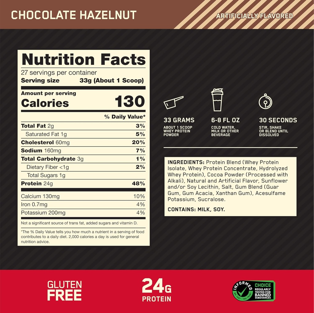 Optimum Nutrition Gold Standard 100% Whey Protein Powder, Chocolate Hazelnut, 2 Pound (Packaging May Vary) 4