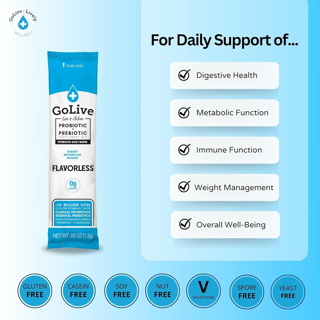 GoLive Prebiotic & Probiotic for Women, Men, Kids. Flavor-Free, Sugar-Free, Synbiotic Powder w/ GOS, L-Glutamine, Vitamin D3, Electrolytes. For Gut Health, Digestion, Metabolism, Immunity 15-50B CFUs. 4