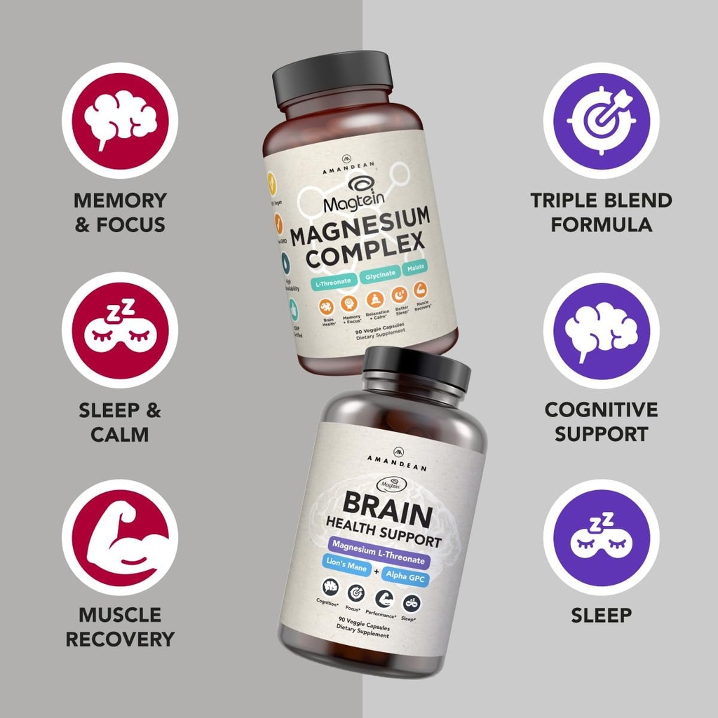 AMANDEAN Premium Brain & Magnesium Bundle: High-Absorption Magnesium L-Threonate, Glycinate & Malate, USA-Grown Organic Lion’s Mane 6:1 Extract, and Alpha-GPC. Supports cognitive health, focus & sleep 3