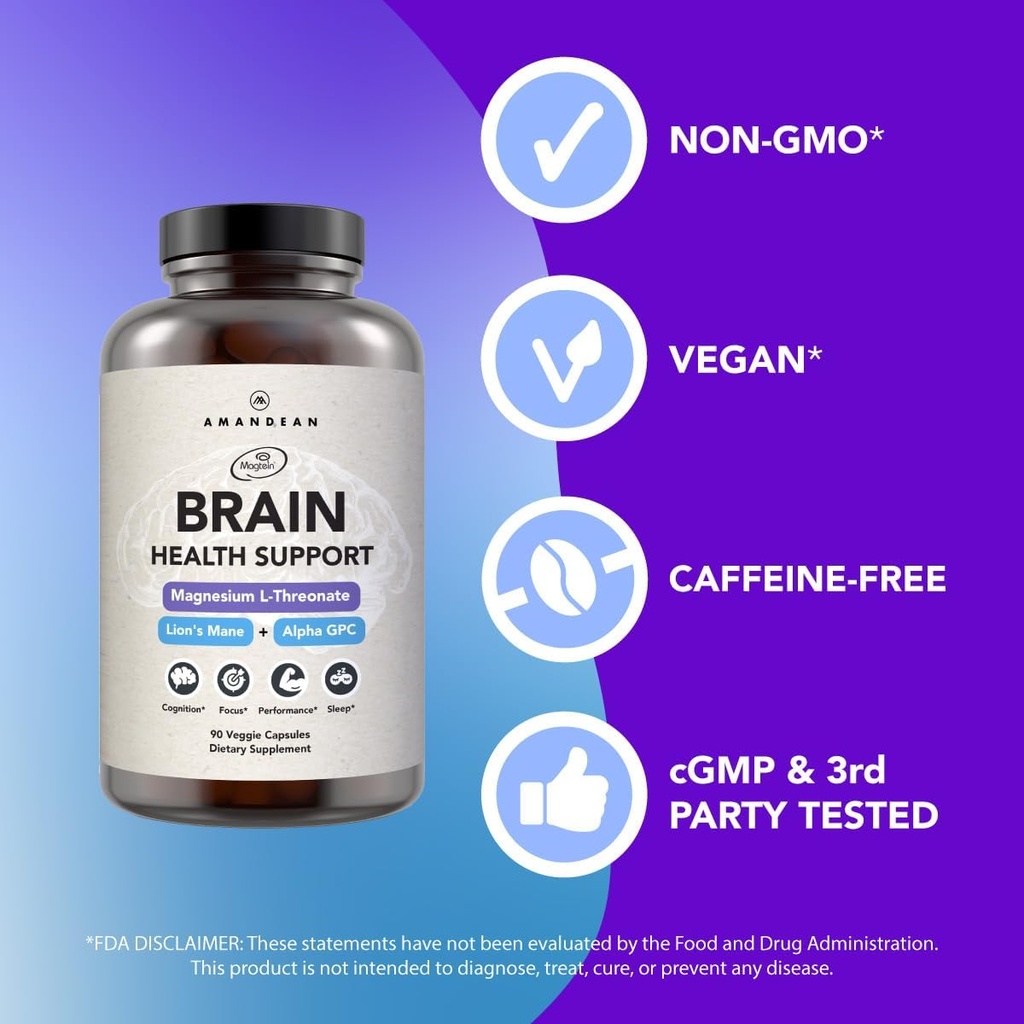 AMANDEAN Premium Brain & Magnesium Bundle: High-Absorption Magnesium L-Threonate, Glycinate & Malate, USA-Grown Organic Lion’s Mane 6:1 Extract, and Alpha-GPC. Supports cognitive health, focus & sleep 5