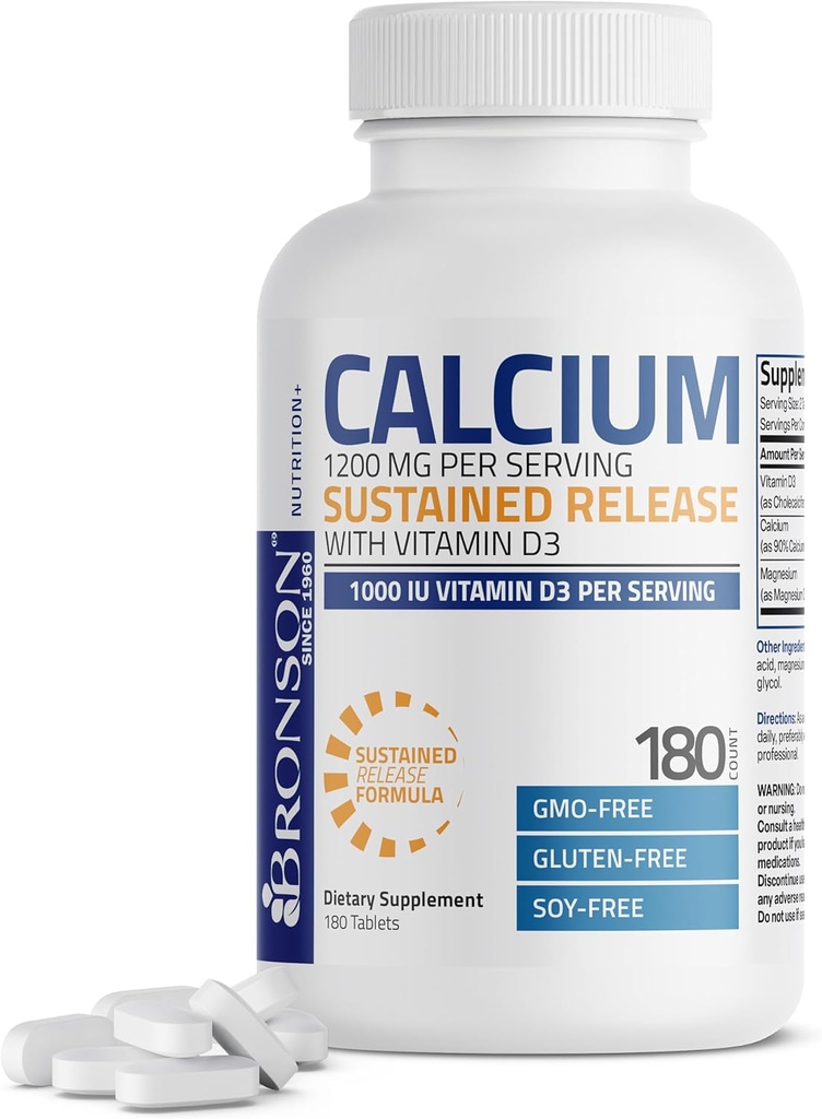 Bronson Calcium 1200 MG Per Serving Sustained Release with Vitamin D3 1000 IU Vitamin D3 Per Serving Non-GMO, 180 Tablets 2
