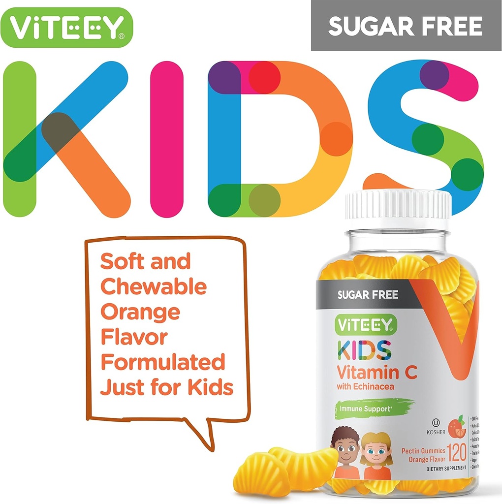 Viteey Kids Vitamin C Gummies 75mg, with Echinacea - Sugar Free - Immune Support for Kids, Toddlers, & Teens - Vegan, Gelatin Free, Gluten Free, GMO Free - Tasty Orange Flavored Immunity Gummy 3