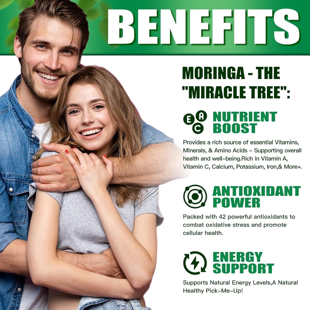 Moringa Powder Capsules - 800mg of Pure Nutrient-Rich Moringa Powder - A Natural Green Antioxidant Superfood - Supports Energy, Gut Health+Essential Vitamins & Amino Acids 5