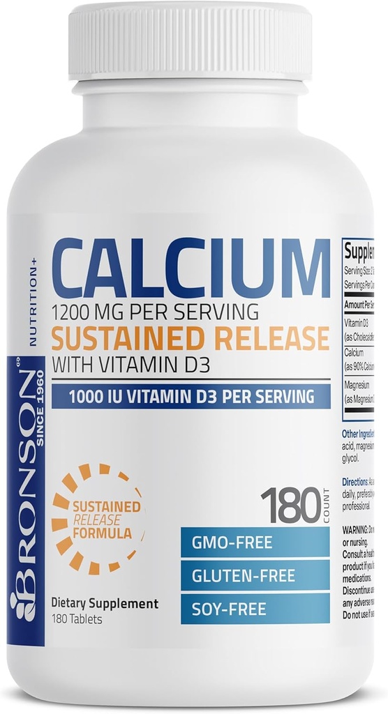 Bronson Calcium 1200 MG Per Serving Sustained Release with Vitamin D3 1000 IU Vitamin D3 Per Serving Non-GMO, 180 Tablets 6