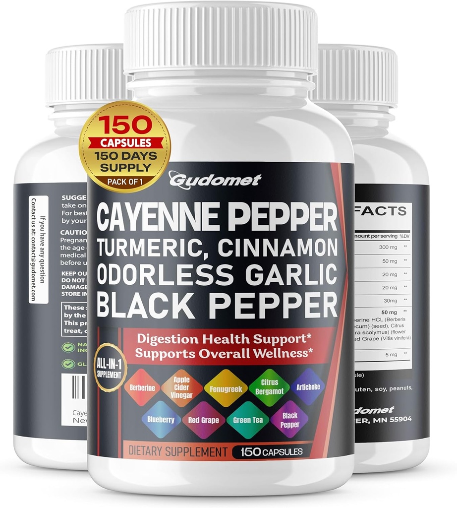 Cayenne Pepper Turmeric Odorless Garlic Cinnamon Fenugreek Citrus Bergamot Artichoke Blueberry Green Tea Black Pepper -150 Capsules- Made in USA 2