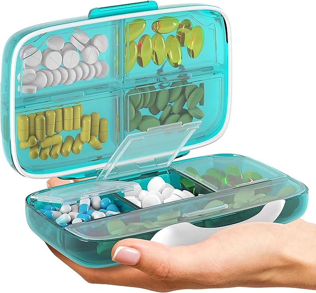 Travel Pill Organizer - Airtight Medicine Case for Traveling Portable Pharmacy Box with Labels Vitamin Container 8 Compartment Supplement Medication Holder Large Capacity Daily (Green) 2