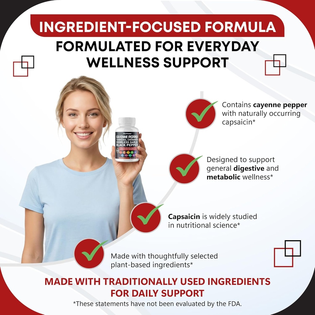 Cayenne Pepper Turmeric Odorless Garlic Cinnamon Fenugreek Citrus Bergamot Artichoke Blueberry Green Tea Black Pepper -150 Capsules- Made in USA 6