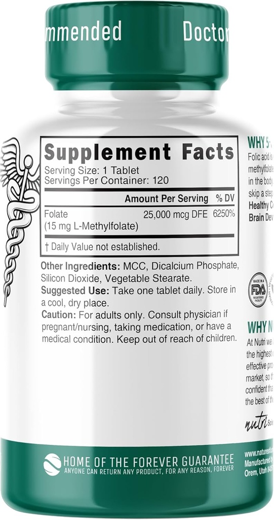 Nature's Fusions Nutri 5-MTHF L Methylfolate 15MG - 4 Month Supply, 120 Vegan Tablets - Methylated Folate Supplement - Cognitive Function, Heart Health, Prenatal Support - Methylated Folic Acid 3