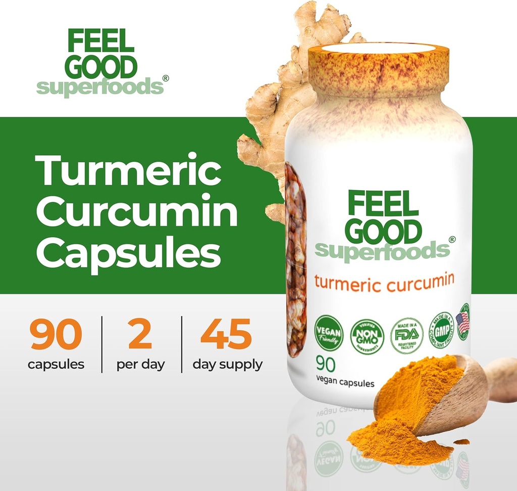 FeelGood Superfoods 1000mg Turmeric Curcumin Capsules, Fortified with 95% Curcumin Extract and Black Pepper Extract, 90 Count 3