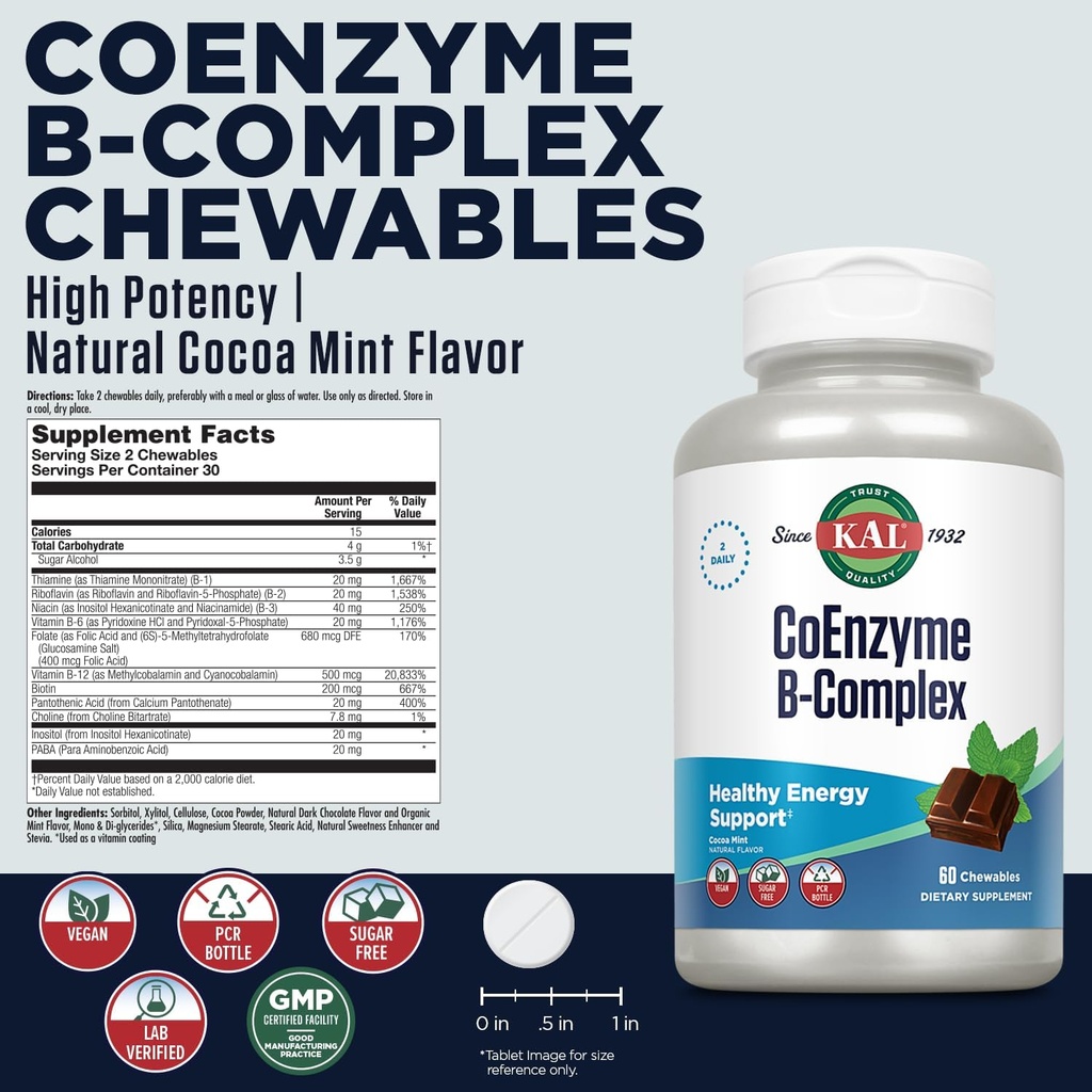 KAL CoEnzyme Vitamin B Complex, Chewable B Vitamins for Healthy Energy, Red Blood Cell and Nerve Function Support w/Vitamin B12, B6, Folic Acid, Natural Cocoa Mint, Vegan, Sugar Free, 30 Serv, 60ct 3