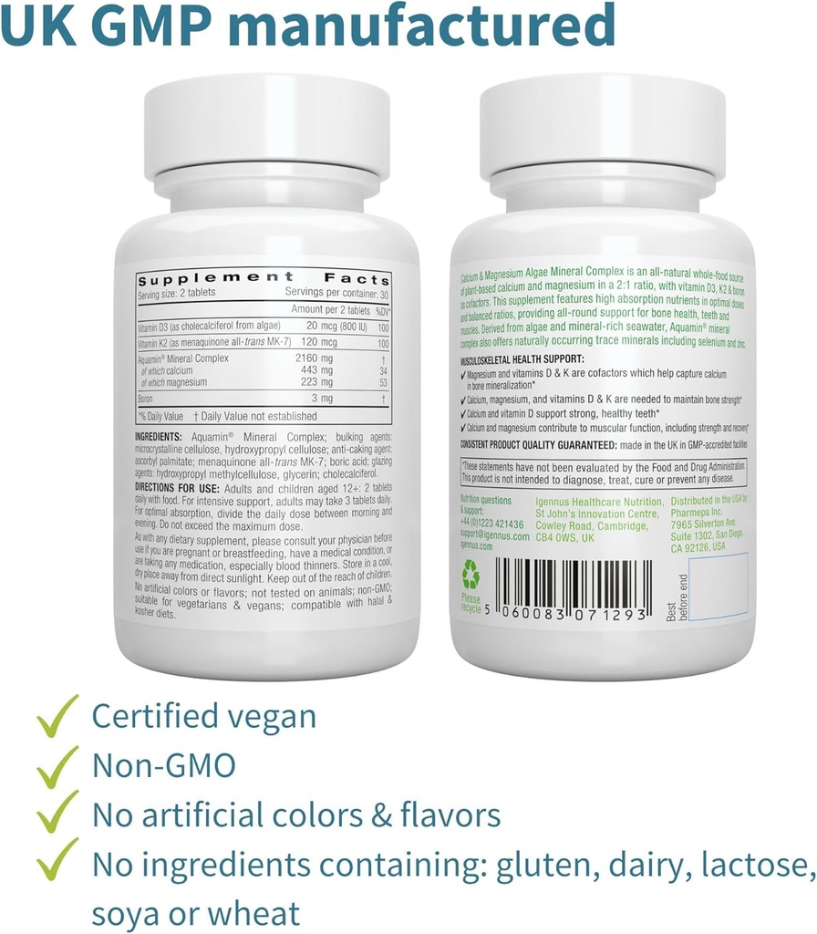 Vegan Omega-3 + Calcium & Magnesium Complex Vegan Bundle, Sustainable EPA & DHA Algae Oil 1340mg + 2:1 Plant Based Algae Mineral Complex, by Igennus 6