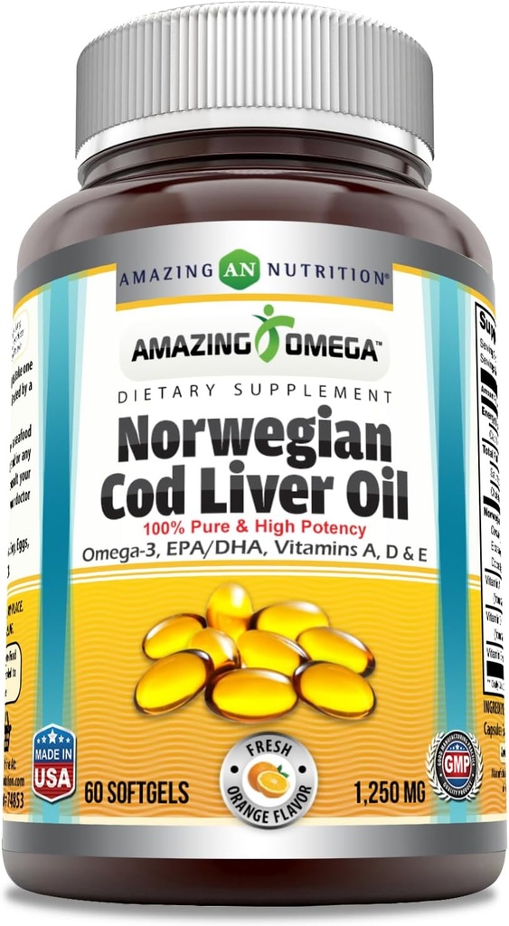 Amazing Omega Norwegian Cod Liver Oil 1250 Mg Softgels Supplement | Omega-3, EPA, DHA, Vitamin A, Vitamin D & Vitamin E (Orange | 60 Count) 2