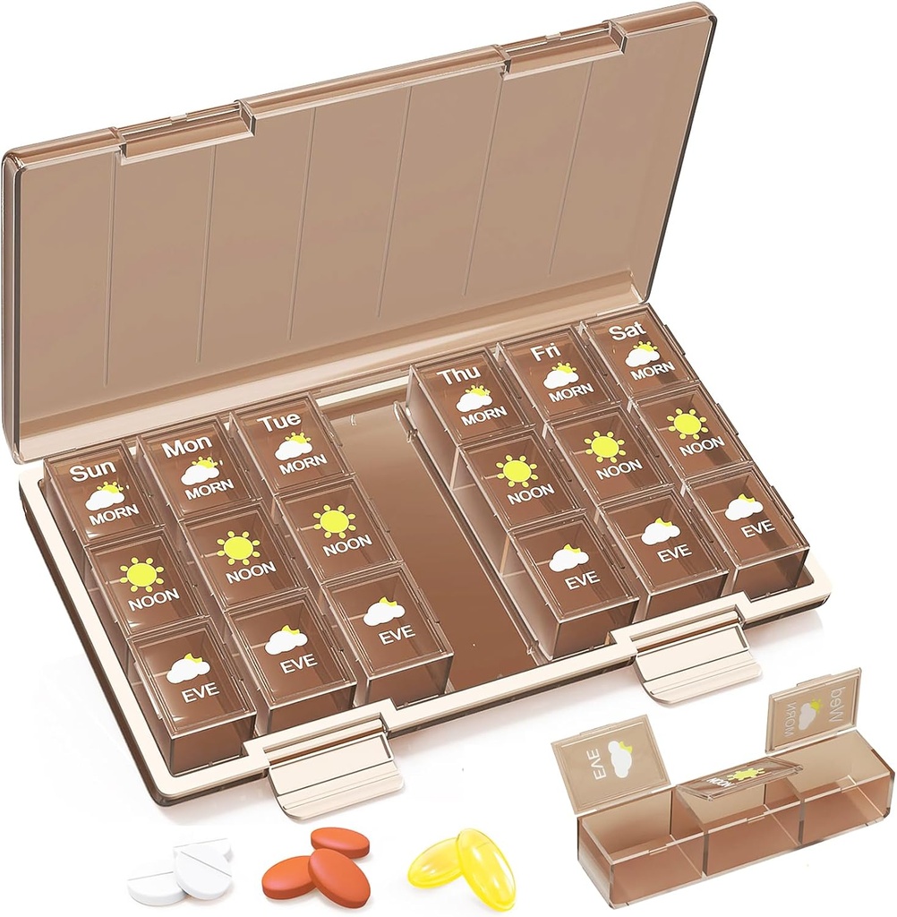 Medilax Pill Organizer 3X a Day, Pill Boxes and Organizer 3 Times a Day, Pill Box 7 Day，Pill Case with Triple-Protective, Pill Containers for Vitamins/Medication/Supplements, Coffee 2