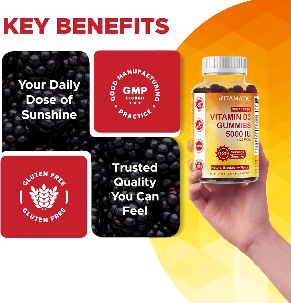 Vitamatic Sugar Free Vitamin D3 5000 IU - 120 Gummies - Great Taste - Healthy Bones, Mood & Immune System Function - Non-GMO - 120 Servings (5000 IU) 6