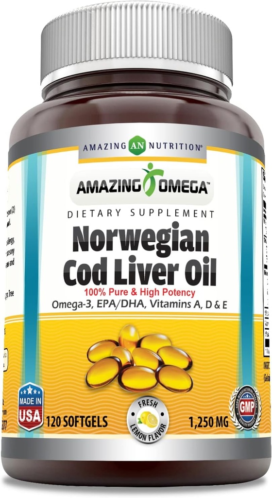 Amazing Omega Norwegian Cod Liver Oil 1250 Mg Softgels Supplement | Omega-3, EPA, DHA, Vitamin A, Vitamin D & Vitamin E (Orange | 60 Count) 6