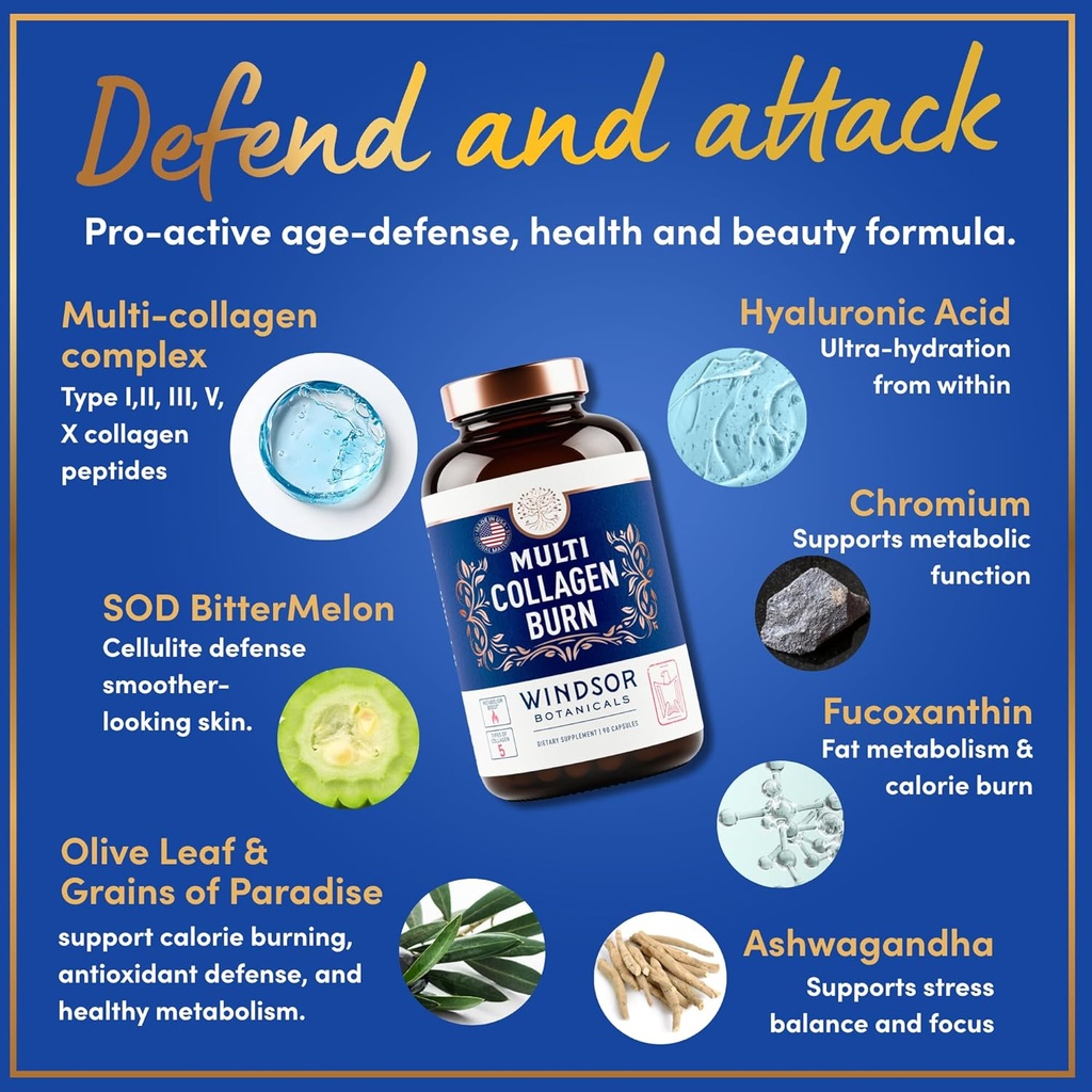 Thermogenic Multi Collagen Burn Capsules - Hydrating Hyaluronic Acid, Marine Collagen Supplements for Women and Men & Vitamin C - Hydrolyzed Collagen Complex 5 Types- 2-Pack, 180 Pills 5