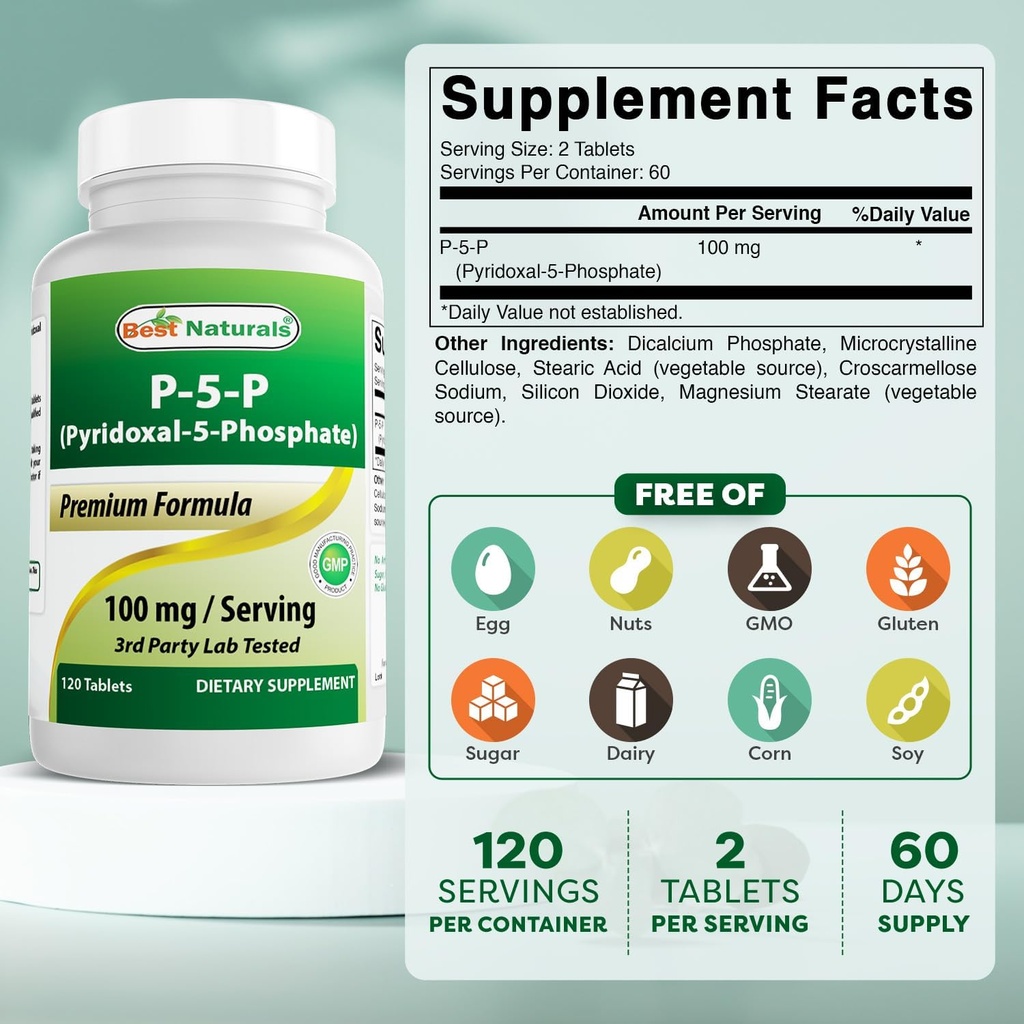 Best Naturals P5P Vitamin B6 (Pyridoxal 5 Phosphate) 100 mg/Serving - 120 Tablets - an Active Form of Vitamin B6. 3