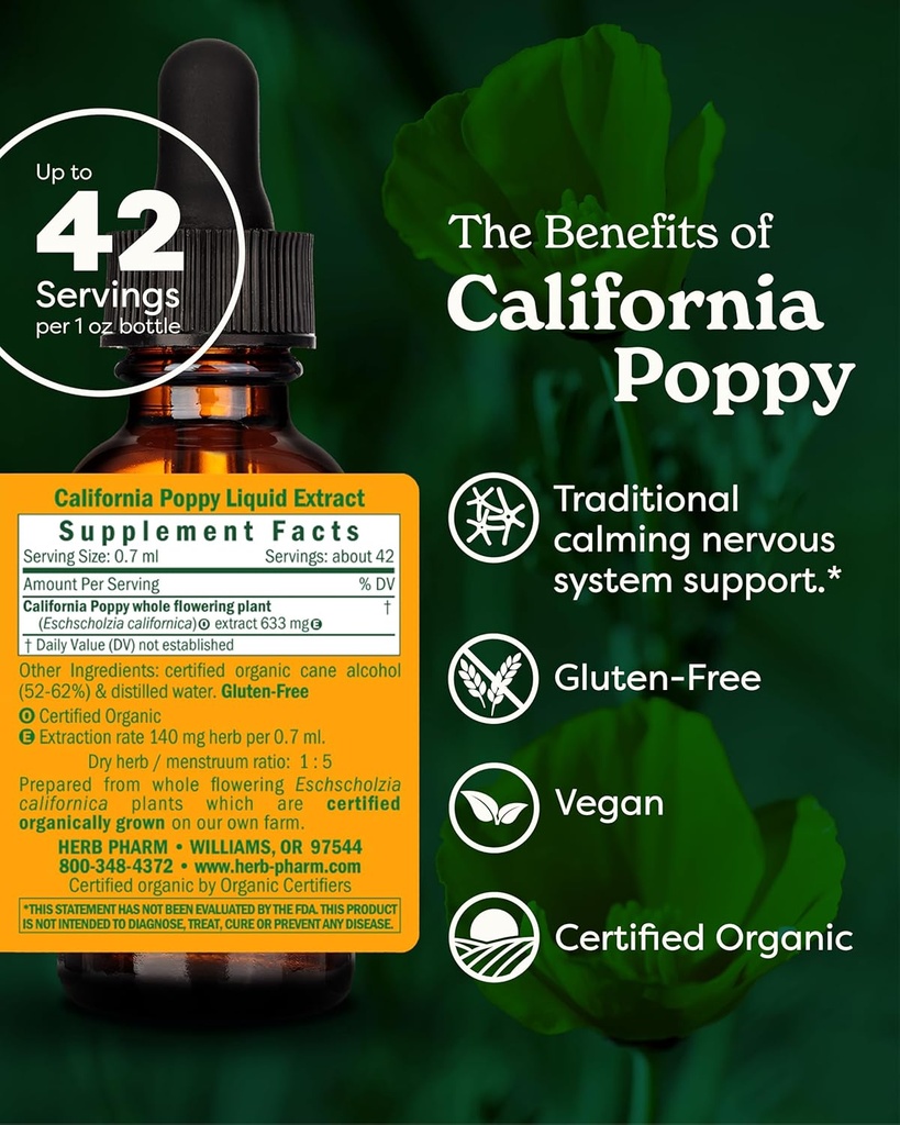 Herb Pharm Certified Organic California Poppy Liquid Extract for Calming Nervous System Support - 1 Ounce 3