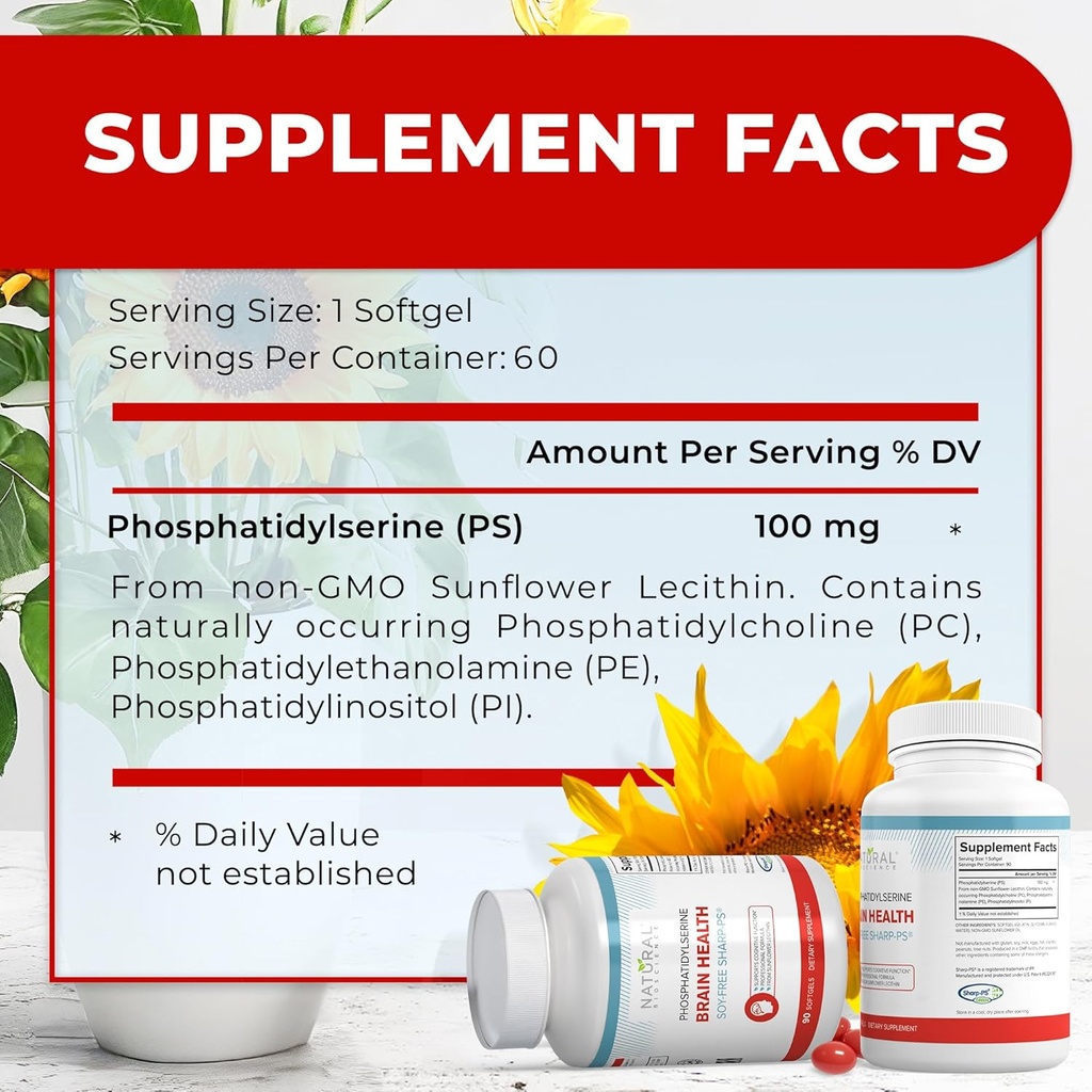 Soy Free Phosphatidylserine 100mg Softgel - PS Supplement Boosts Memory, Focus, Problem Solving, Cortisol Control. Natural Sunflower Lecithin, Patented Sharp PS-Green. Non-GMO, 60 Softgels 6