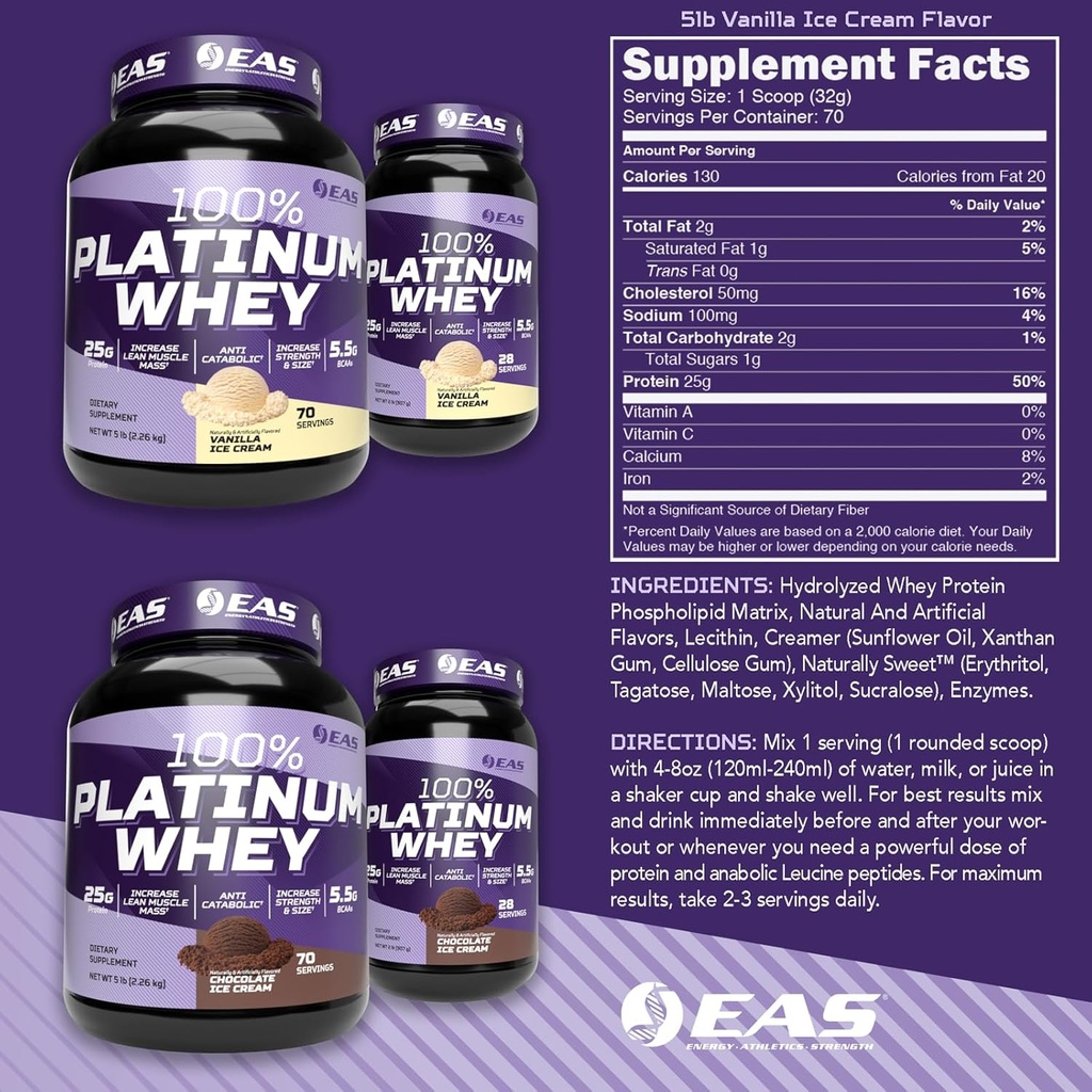 EAS 100% Platinum | 3 Ultra-Platinum Whey Proteins | Increase Size & Strength | 25g Protein, 5.5g BCAAs | 5 Pound (Chocolate Ice Cream) 3