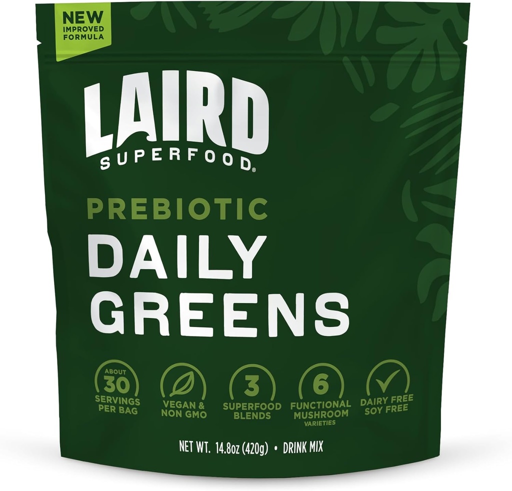 Laird Superfood Prebiotic Daily Greens Powder – Essential Vitamins & Minerals - Prebiotic Fiber, Adaptogen and Fruits & Vegetables – Supports Gut Health – Non-GMO, Vegan - 14.8 oz Bag, Pack of 1 2