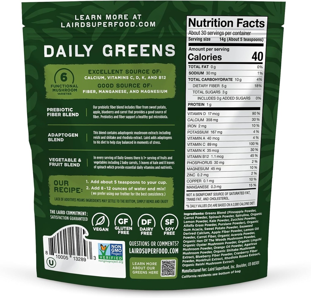 Laird Superfood Prebiotic Daily Greens Powder – Essential Vitamins & Minerals - Prebiotic Fiber, Adaptogen and Fruits & Vegetables – Supports Gut Health – Non-GMO, Vegan - 14.8 oz Bag, Pack of 1 3