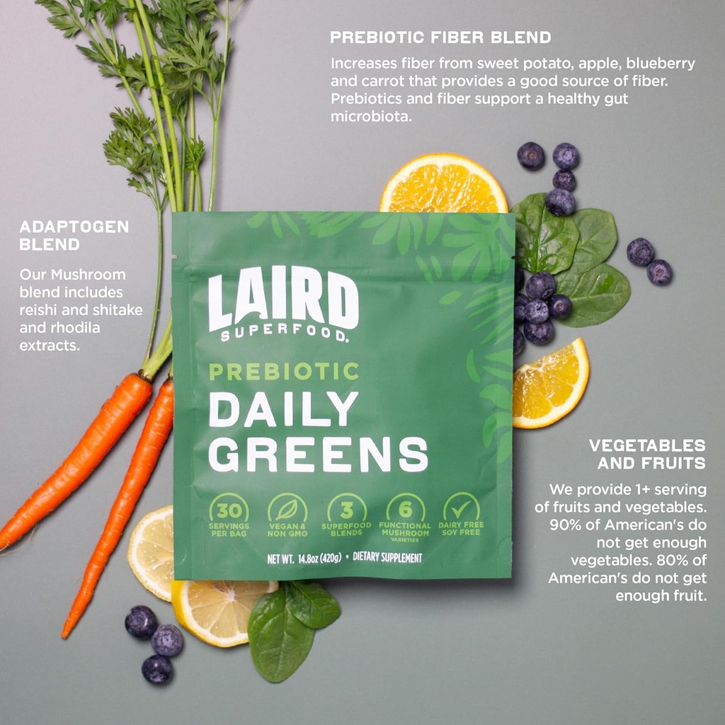 Laird Superfood Prebiotic Daily Greens Powder – Essential Vitamins & Minerals - Prebiotic Fiber, Adaptogen and Fruits & Vegetables – Supports Gut Health – Non-GMO, Vegan - 14.8 oz Bag, Pack of 1 5