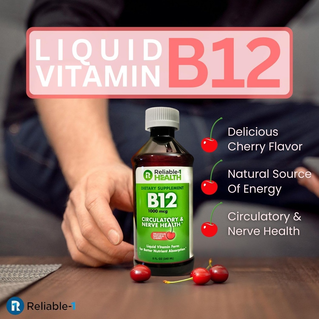Reliable-1 Laboratories Liquid Vitamin B12 Daily Supplement 1000mcg for Adult Men & Women - Natural Cherry Flavor 3