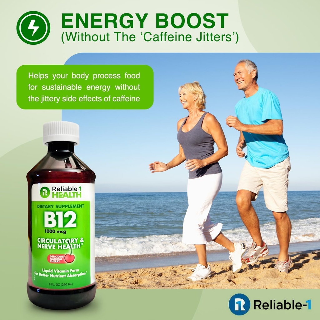 Reliable-1 Laboratories Liquid Vitamin B12 Daily Supplement 1000mcg for Adult Men & Women - Natural Cherry Flavor 6