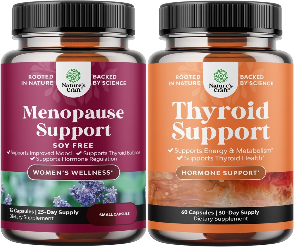 Bundle of Soy Free Menopause Supplement for Women for Night Sweats Hot Flashes Mood Support and Hormone Balance and Herbal Thyroid Support Complex - Mood Enhancer Energy Supplement for Thyroid Health 2