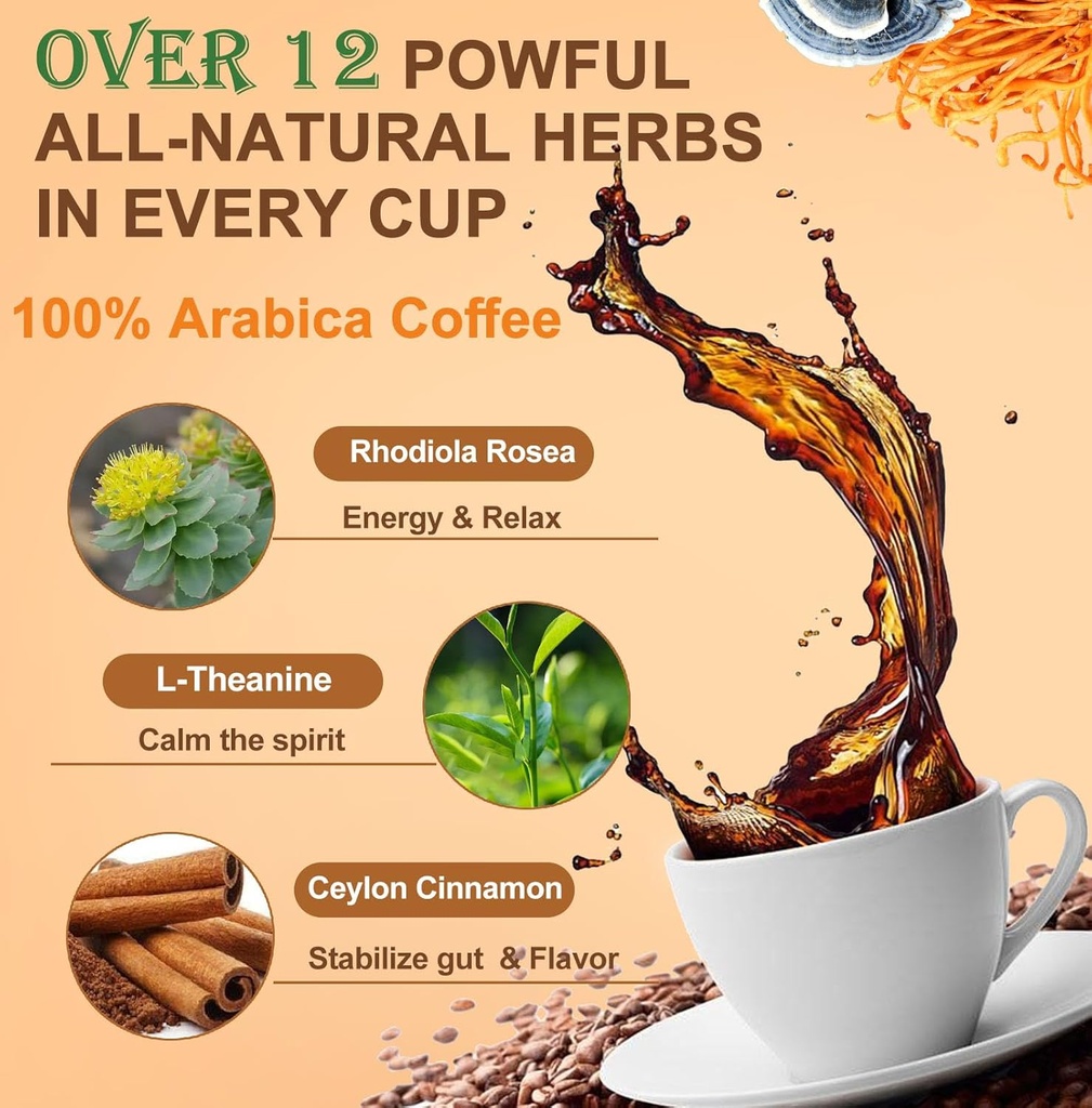 Mushroom Coffee, Powerful 12 in 1 Mushrooms Powder with Lion's Mane, Turkey Tail, Chaga & More, Immune Boosting Instant Arabica Coffee Mix with Cacao, L-Theanine for Focus, Energy 5
