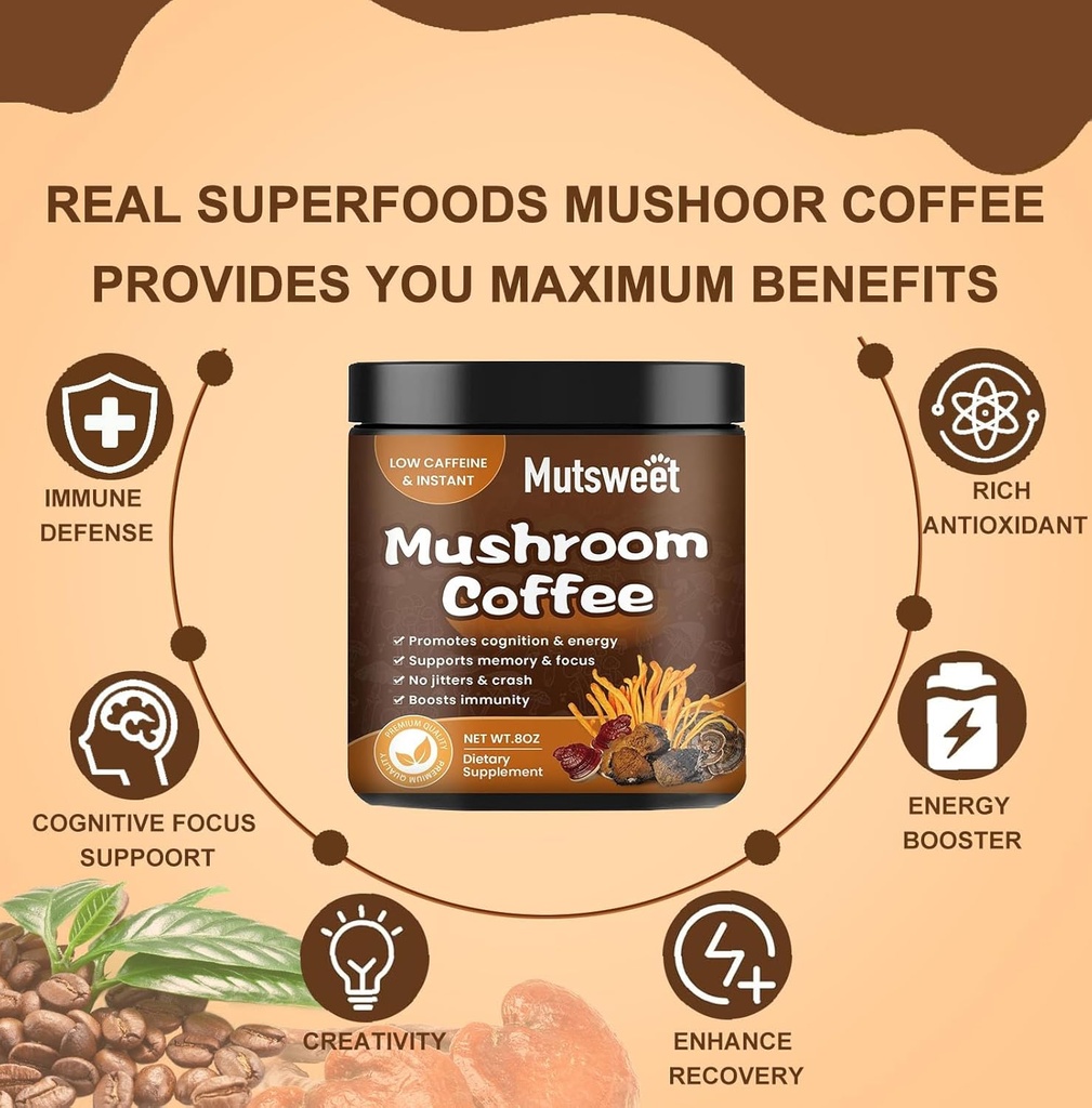 Mushroom Coffee, Powerful 12 in 1 Mushrooms Powder with Lion's Mane, Turkey Tail, Chaga & More, Immune Boosting Instant Arabica Coffee Mix with Cacao, L-Theanine for Focus, Energy 6