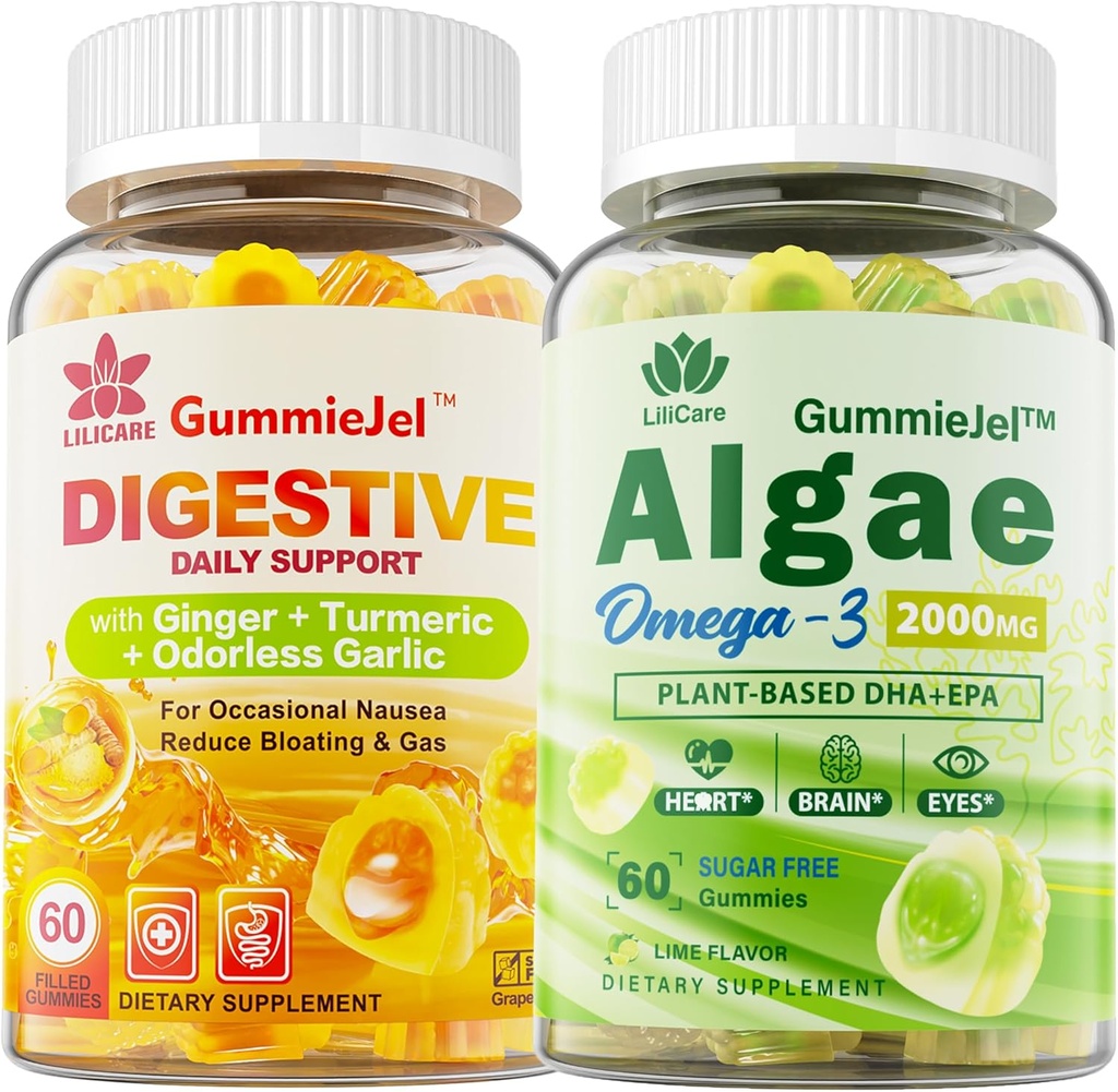 Sugar Free Omega 3 Fatty Acid 2000mg With 640mg DHA & 290mg EPA, Multivitamin, CoQ10, Astaxanthin + Ginger Filled Gummies for Nausea - Stomach Relief - Ultra Absorption for Digestive Support 2