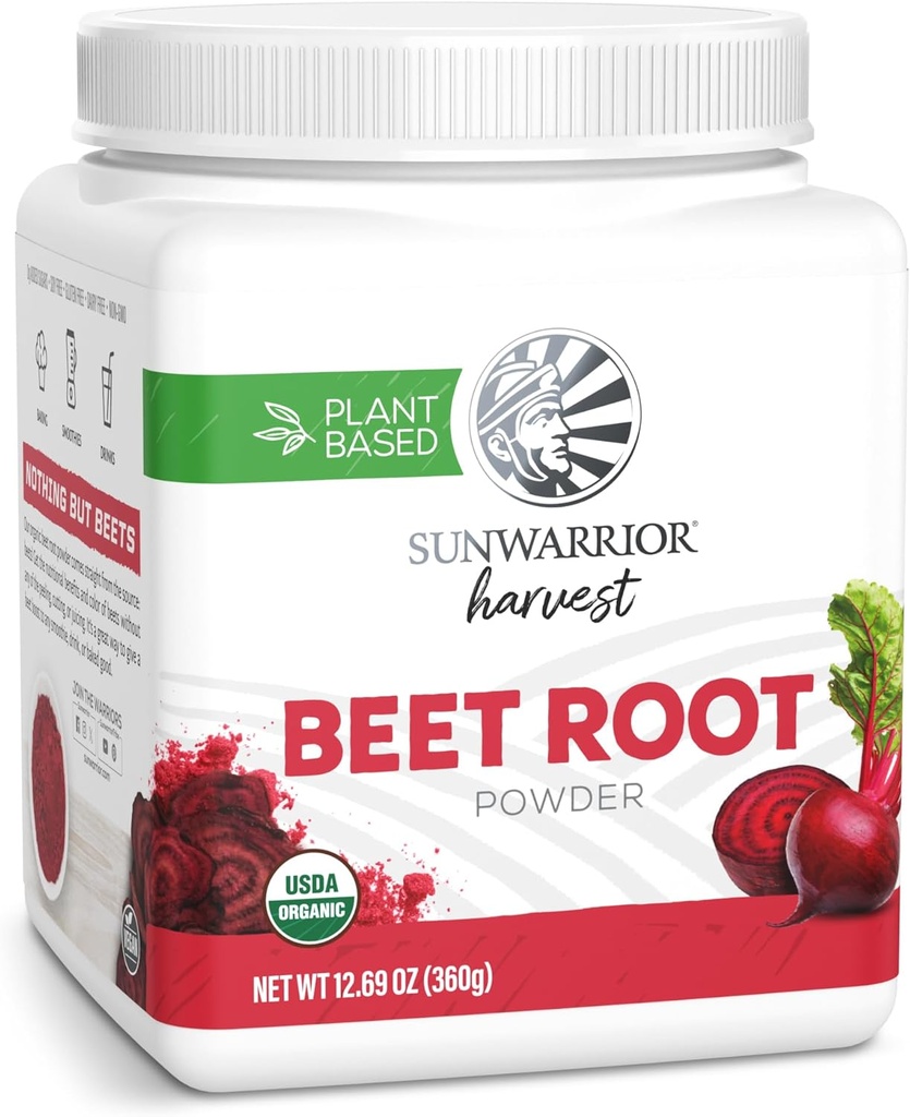Sunwarrior Beet Root Powder Nitric Oxide Increase Stamina Blood and Flow Circulation Natural Non-GMO Keto Vegan Superfood for Smoothies Acai Pudding Baking 360g sq tub (90 Servings) Organic Harvest 2