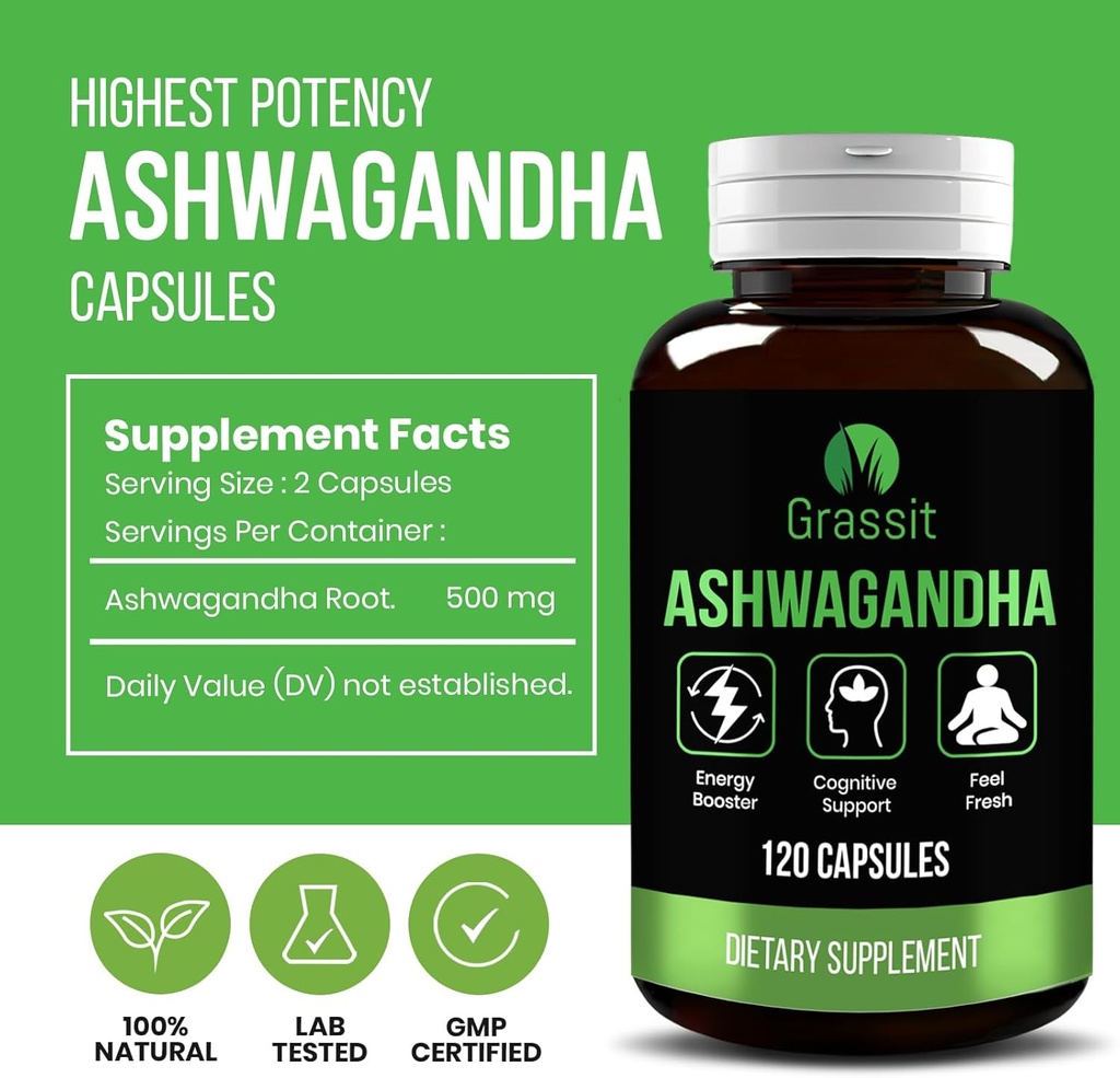 Grassit Ashwagandha Supplement 500 mg/120 Capsules Best Naturals Ashwagandha Capsule for Overall Well Being 4