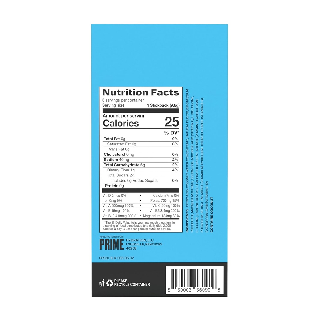 PRIME HYDRATION+ Sticks Blue Raspberry | Hydration Powder Single Serve Sticks | Electrolyte Powder On The Go | 250mg BCAAs, B Vitamins, Antioxidants | Low Sugar | Caffeine-Free | Vegan | 6 Sticks 3