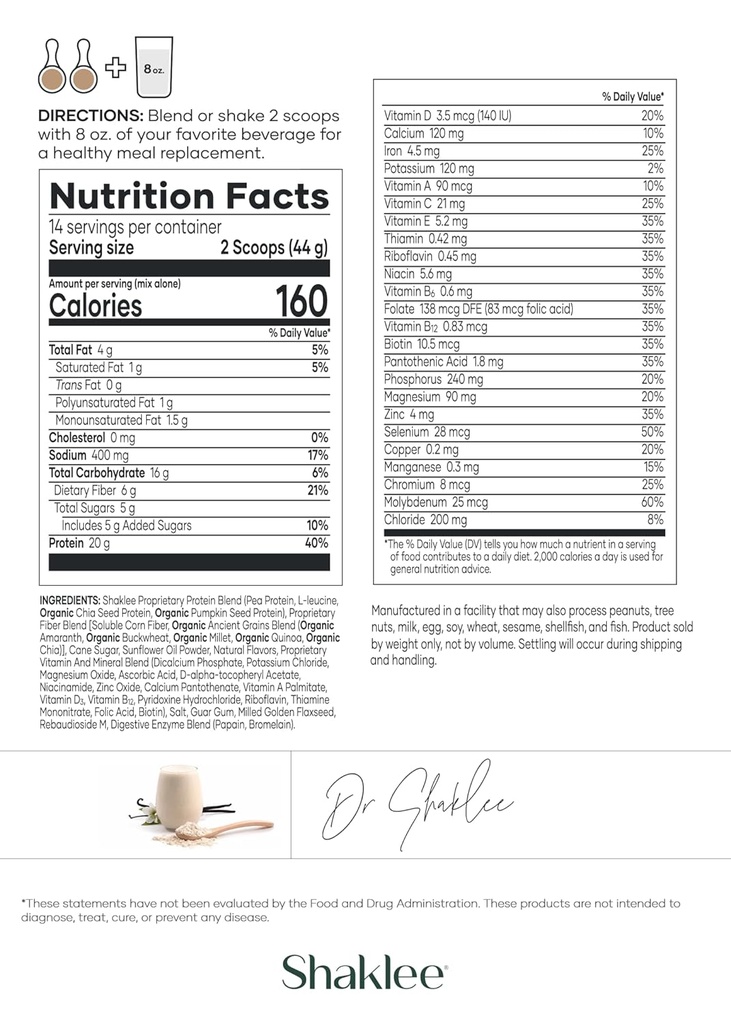 Shaklee Life Shake™ Plant Protein French Vanilla - Complete Meal Replacement with 20g Protein, 6g Fiber, 24 Vitamins & Minerals - Supports Satiety & Healthy Weight - Non-GMO - 14 Servings 3