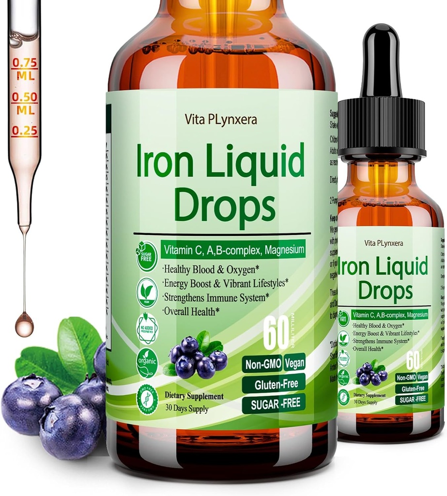 Liquid Iron Supplement for Women Men & Kids, Vegan Iron Drops with Vitamin C D, B12, B-Complex, High Potency Liquid with Multivitamin for Anemia, Energy Support, Blood, Magnesium Gentle 2