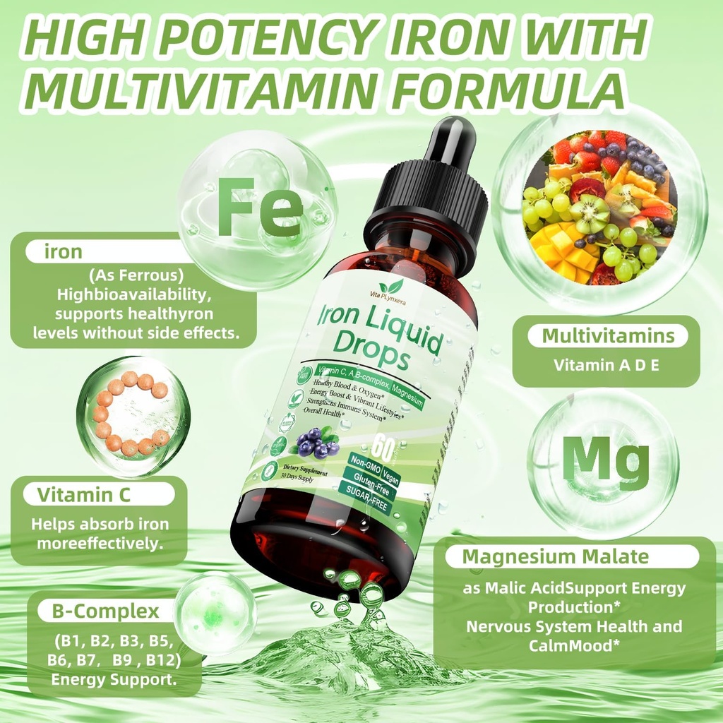 Liquid Iron Supplement for Women Men & Kids, Vegan Iron Drops with Vitamin C D, B12, B-Complex, High Potency Liquid with Multivitamin for Anemia, Energy Support, Blood, Magnesium Gentle 3