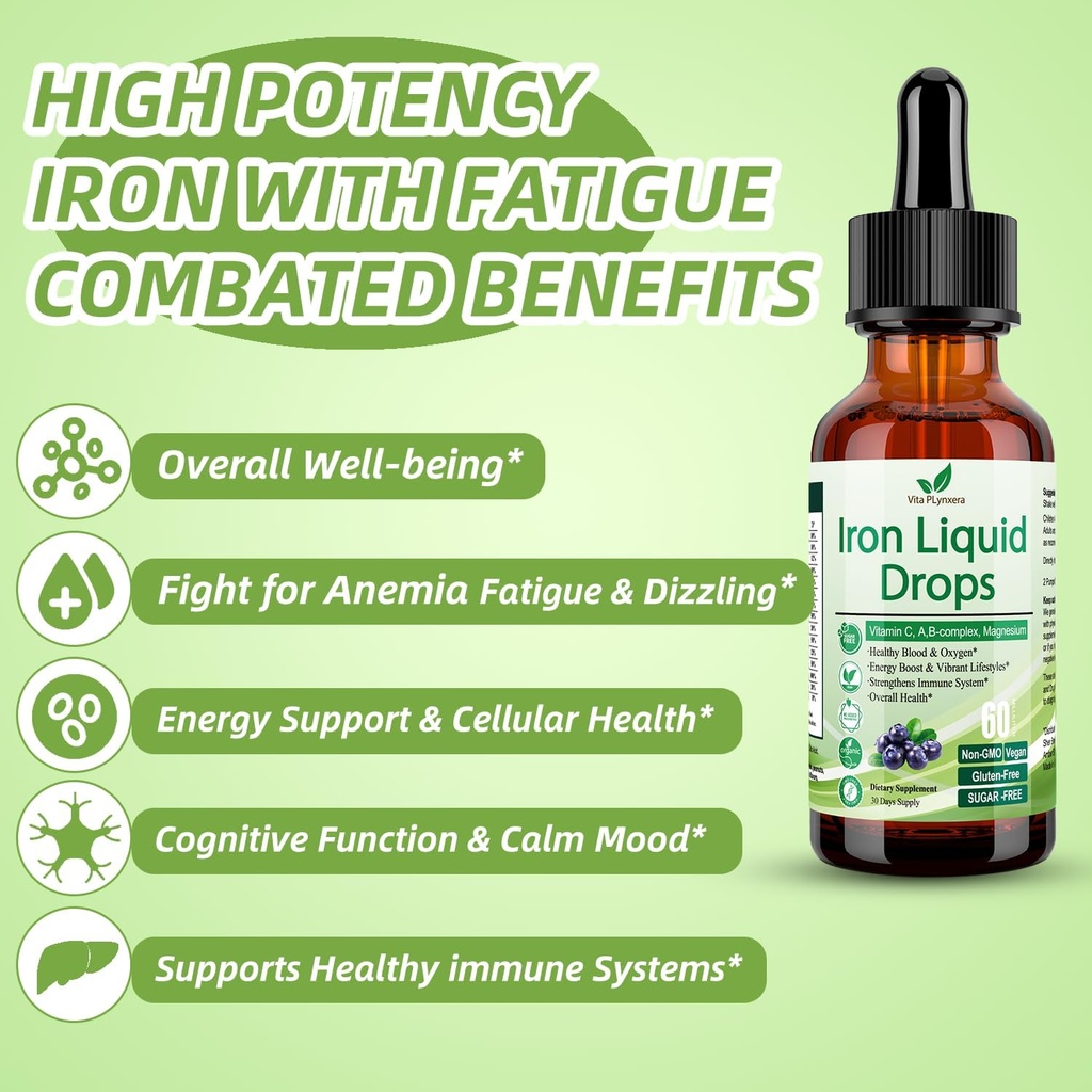 Liquid Iron Supplement for Women Men & Kids, Vegan Iron Drops with Vitamin C D, B12, B-Complex, High Potency Liquid with Multivitamin for Anemia, Energy Support, Blood, Magnesium Gentle 4