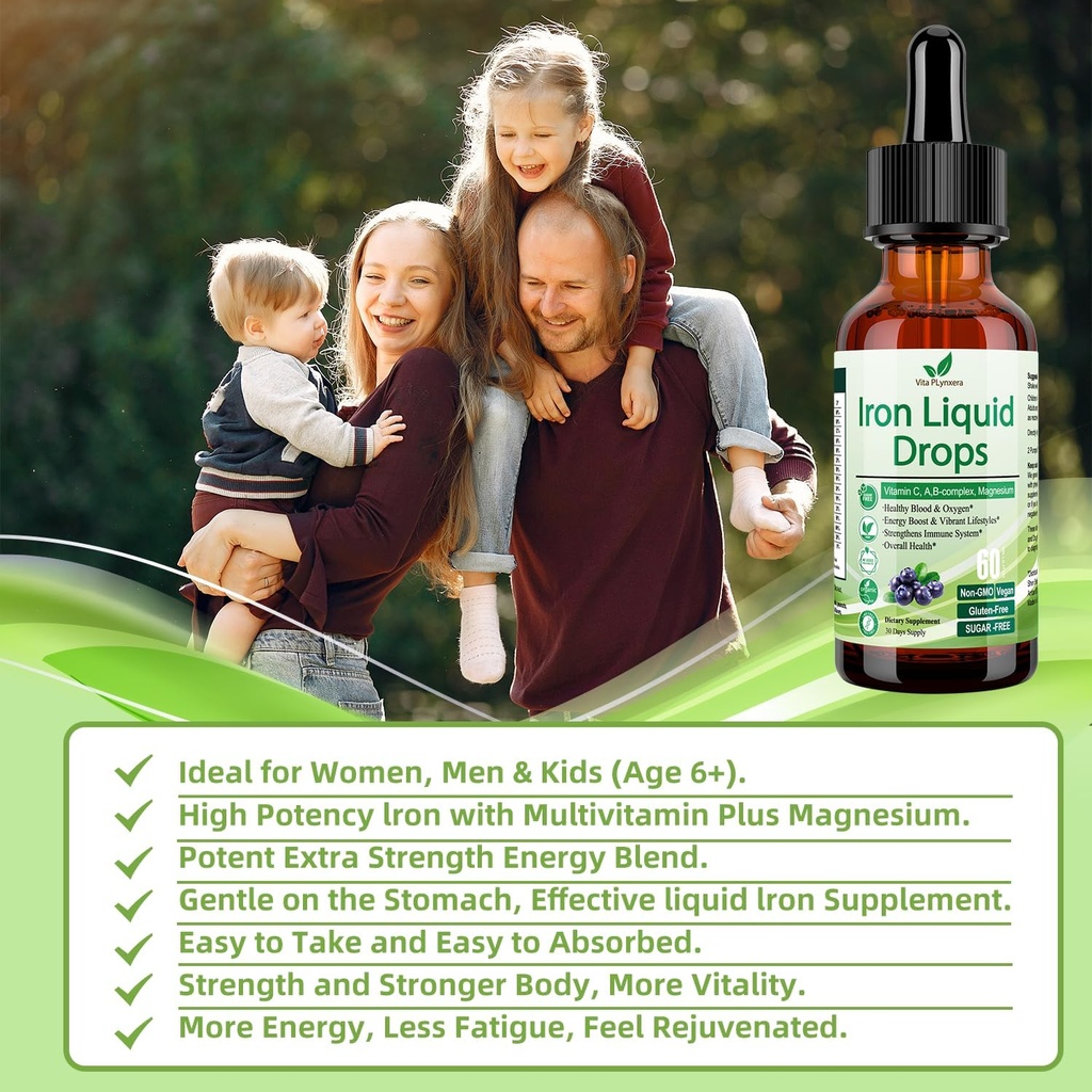 Liquid Iron Supplement for Women Men & Kids, Vegan Iron Drops with Vitamin C D, B12, B-Complex, High Potency Liquid with Multivitamin for Anemia, Energy Support, Blood, Magnesium Gentle 6
