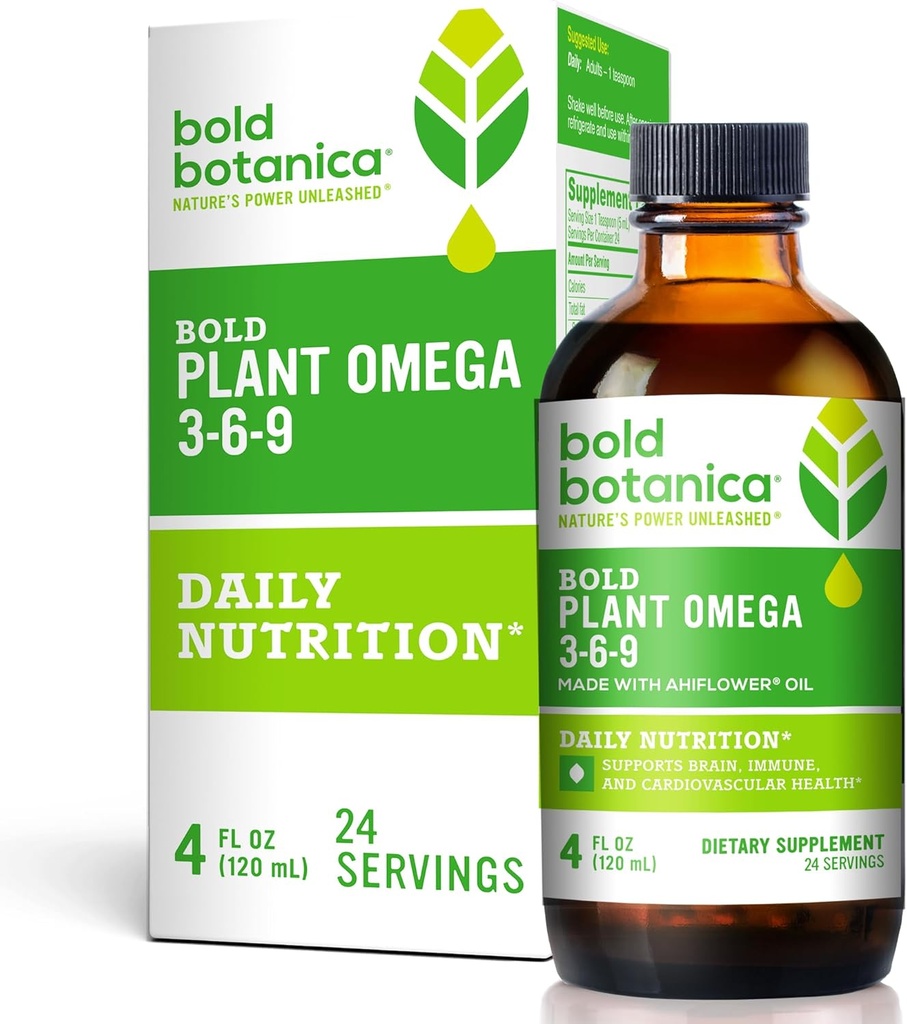 Bold Botanica Plant Omega 3-6-9, with Ahiflower Oil, Vegan Omega 3, Complete Plant-Based Omegas for Brain & Immune Health, Better Than Flax, Fish Free, Great Taste, Sugar-Free, Non-GMO, Liquid- 4 oz 2